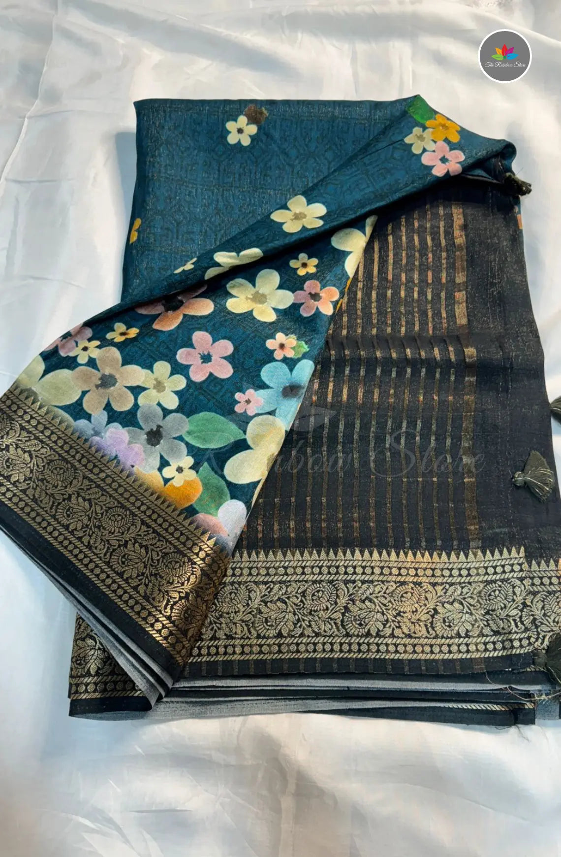 Kanchi Crepe Saree with Florals - Blue