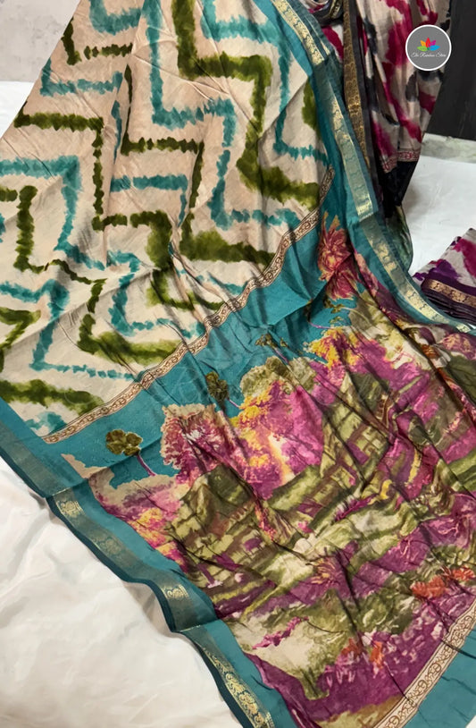 Lehariya Printed Maheshwari Saree - Skyblue and Green