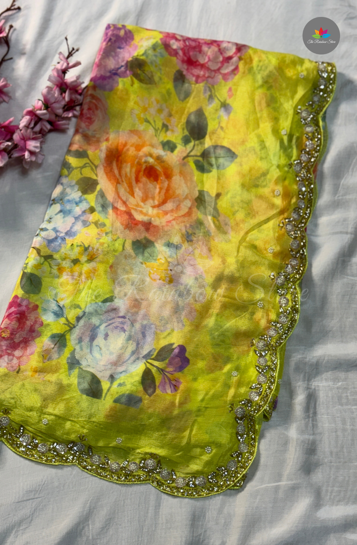Pure Chinon With Hand Embroidery- Lemon Yellow
