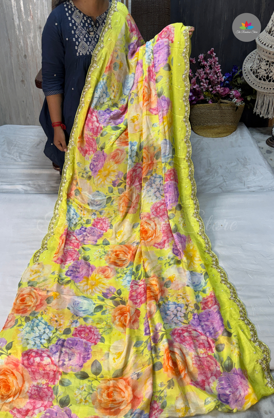 Pure Chinon With Hand Embroidery- Lemon Yellow