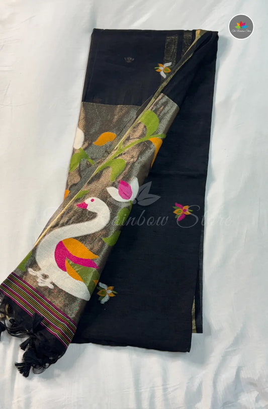 Elegant Lenin Saree with Lotus Motifs - Black