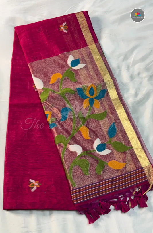 Elegant Lenin Saree with Lotus Motifs - Rani Pink