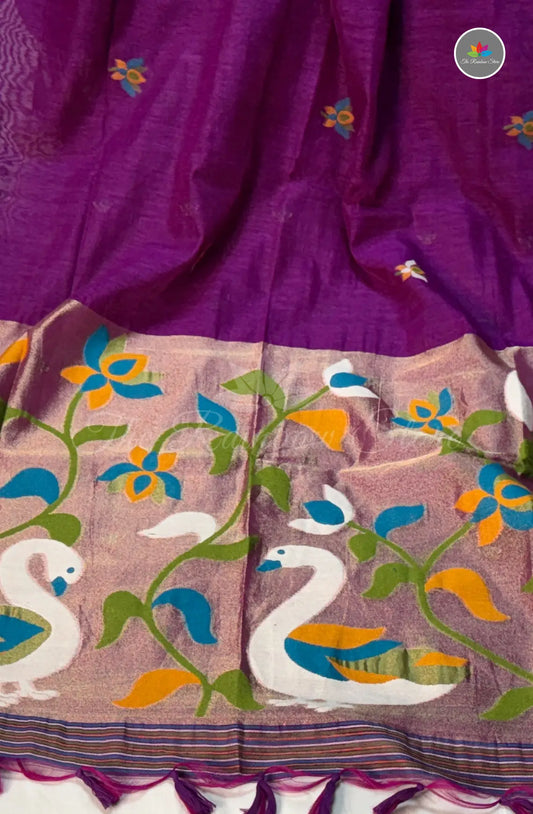 Elegant Lenin Saree with Lotus Motifs - Purple