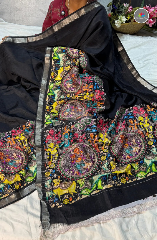 Premium Mangalagiri Pattu with Small Border - Black