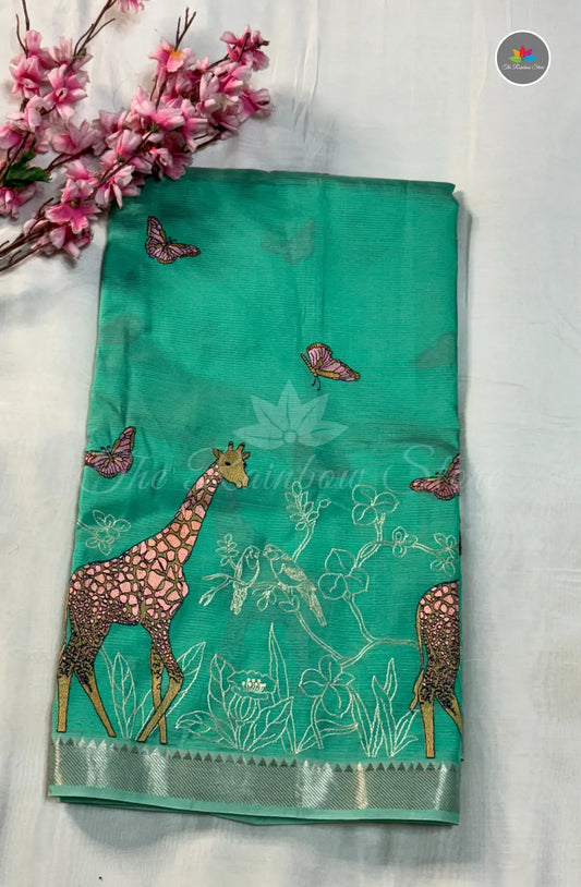Mangalagiri Pattu Saree with Embroidery and Girafee Motifs - Sea Green