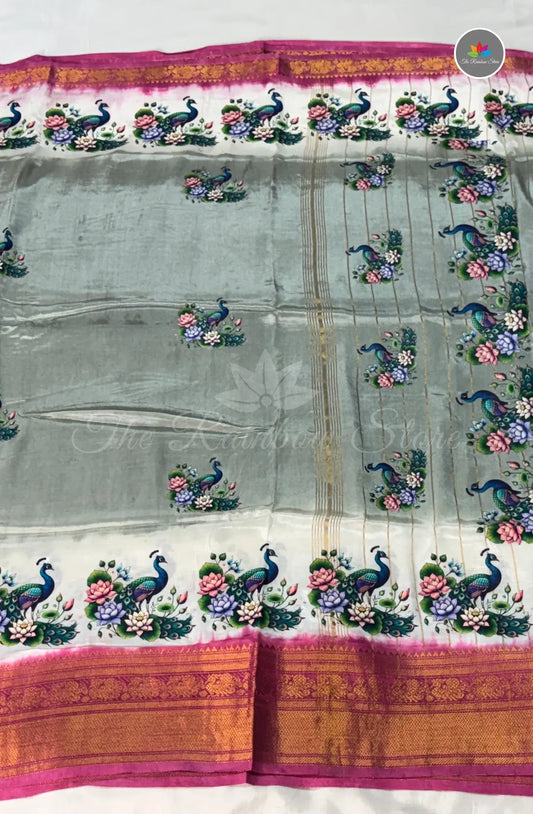 Mangalagiri Pattu in Kanchi Weaving Border with Tanjore Paints - Grey