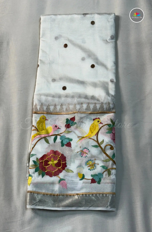 Mangalagiri Pattu Saree with Embroidery - Off White