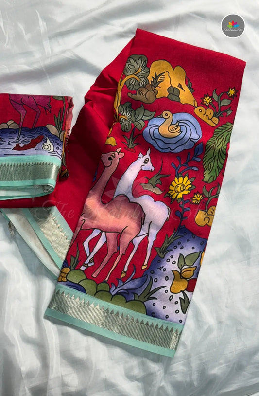 Premium Mangalagiri Pattu With Small Border - Red