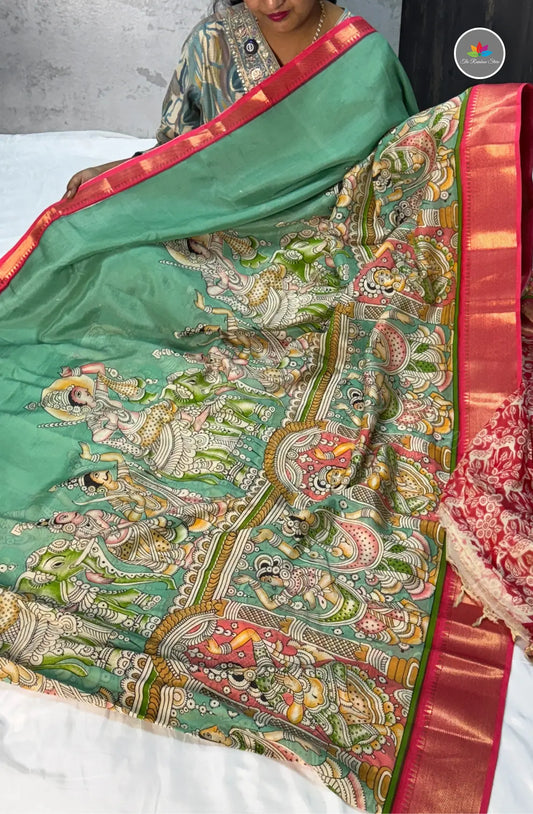 Mangalagiri Pattu in Kalamkari Hand Prints - Sea Green