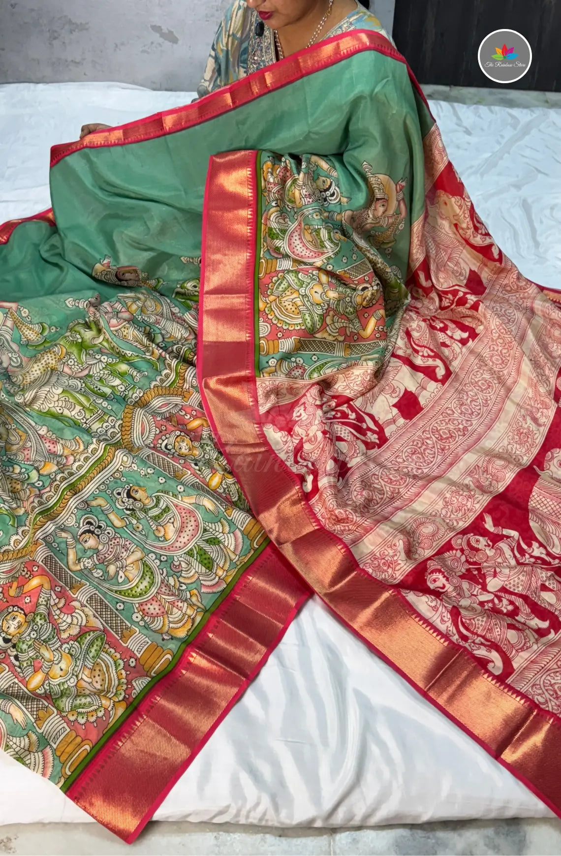 Mangalagiri Pattu in Kalamkari Hand Prints - Sea Green
