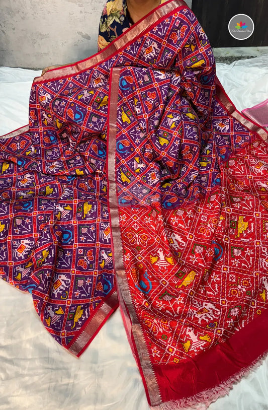 Premium Mangalagiri Pattu With Small Border - Brinjal Blue With Red