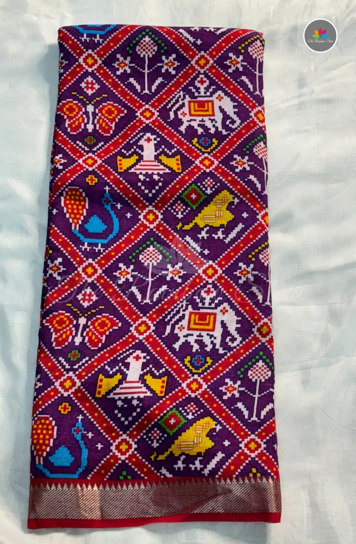 Premium Mangalagiri Pattu With Small Border - Brinjal Blue With Red