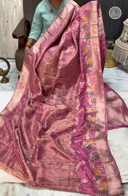 Imported Satin Tissue Mushru Saree - Mauve Pink with Silver Zari