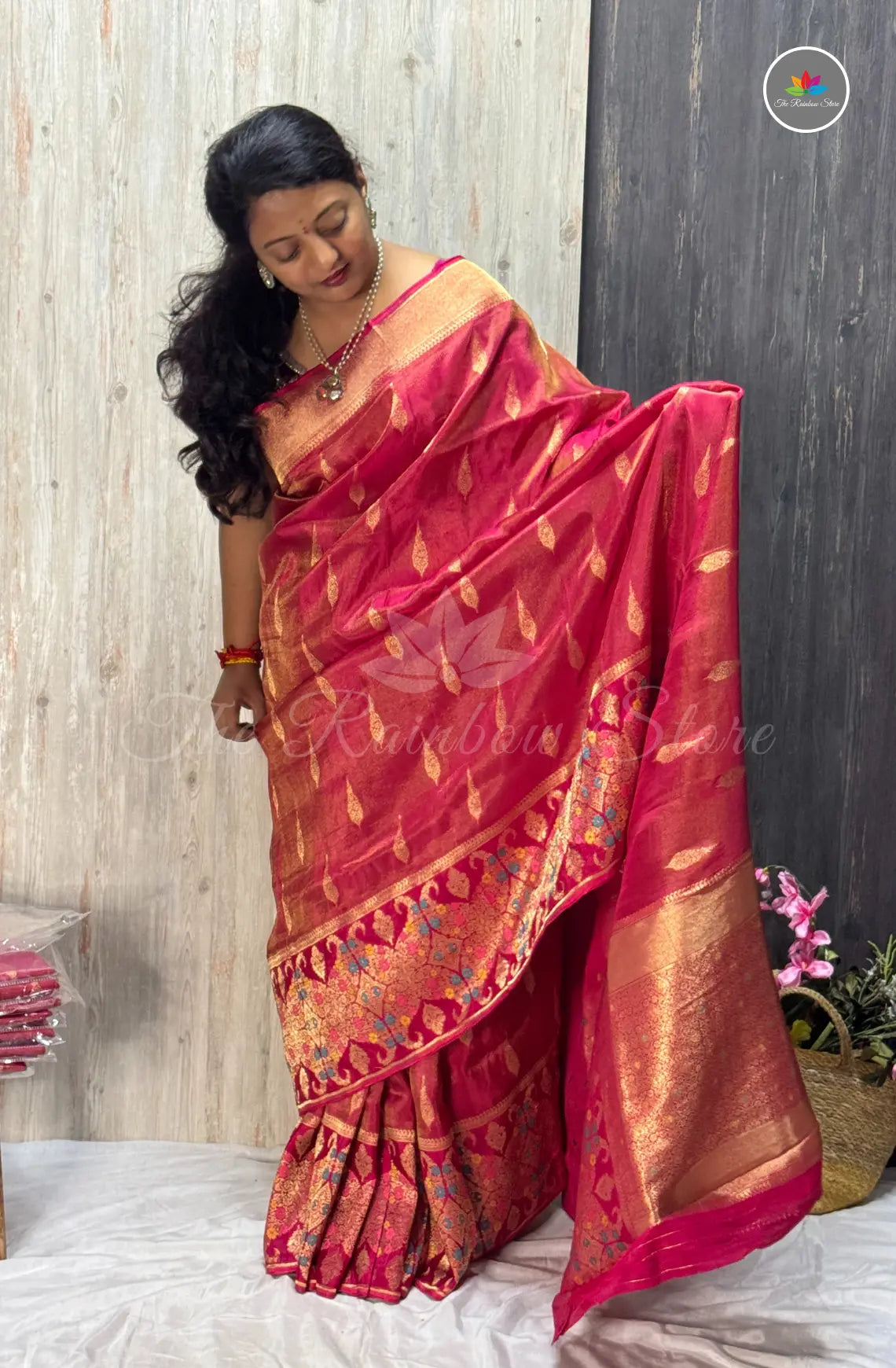 Meena Tissue Saree - Dark Pink
