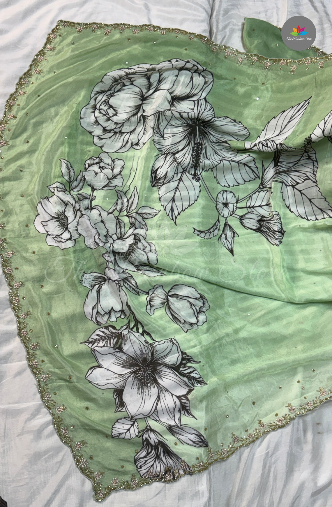 Pure Chinon With Hand Embroidery- Mint Green