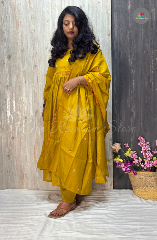 Mul Chenderi 3 Piece Stitched Suit - Mustard Yellow