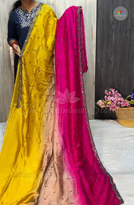 Pure Organza Crepe - Mustard Yellow With Pink