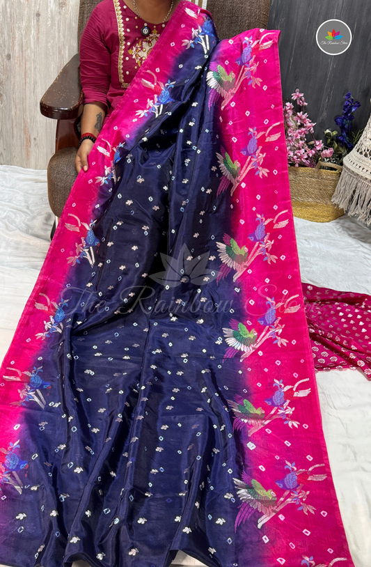 Dual-Tone Paper Silk Saree - Navy Blue & Rani Pink