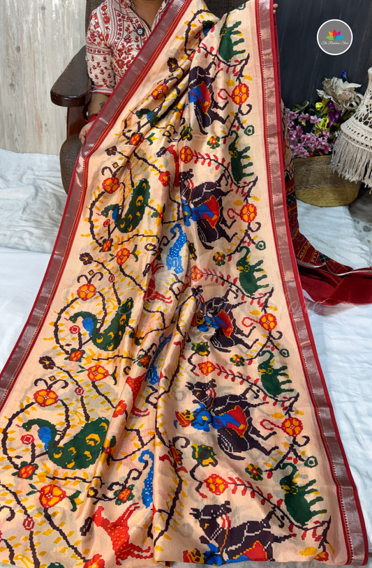 Mangalagiri Pattu Saree - Peach Beige with Maroon Red Border