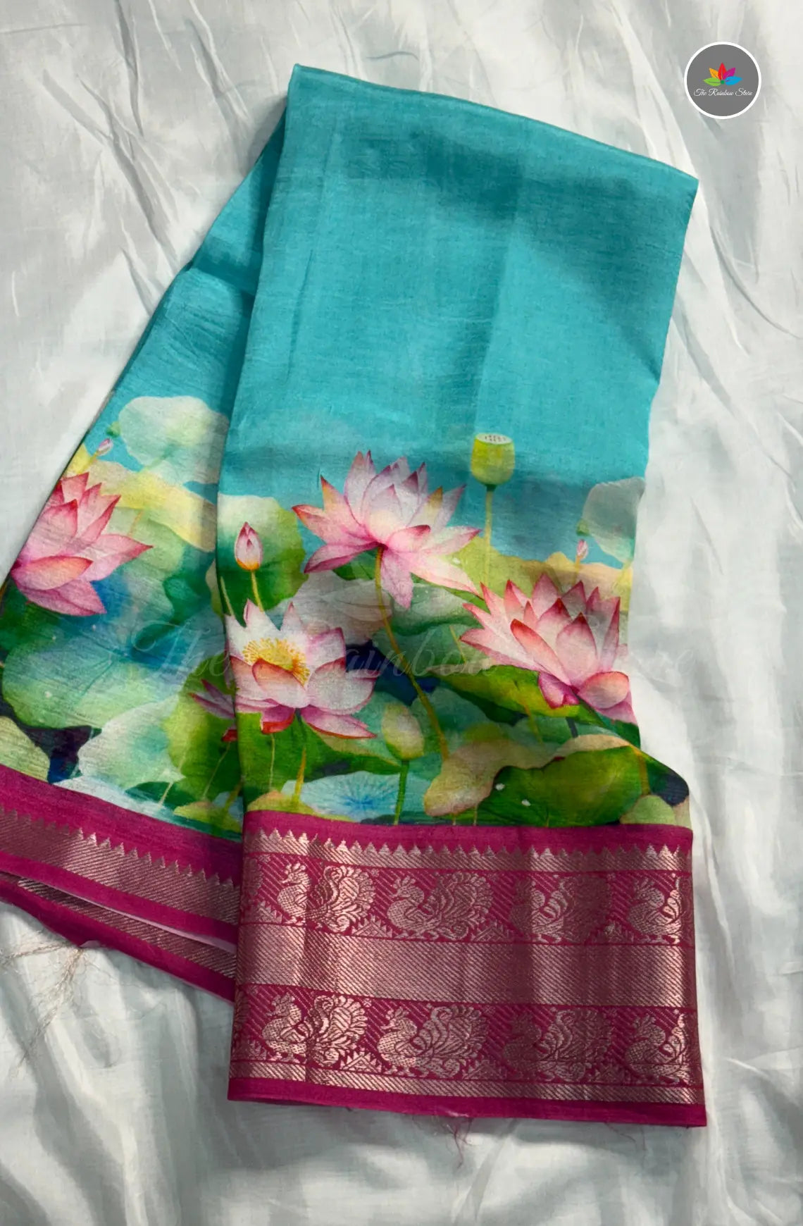 Premium Mangalagiri Pattu With Big Border - Skyblue With Magenta