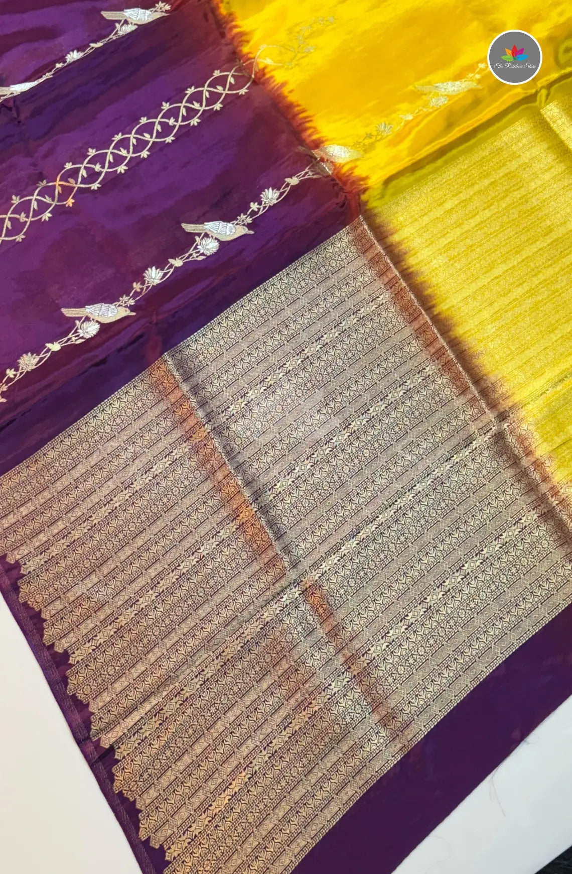 Dual Shaded Crepe Zari with Zari Work - Yellow & Purple