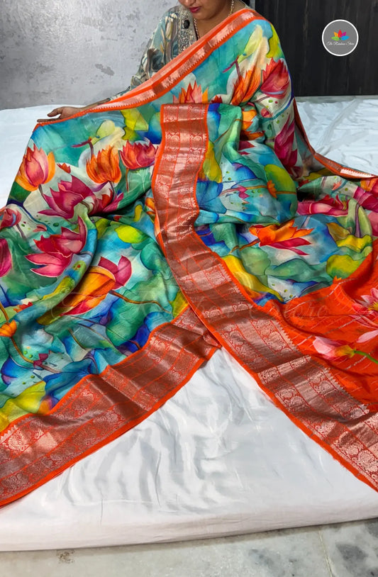 Premium Mangalagiri Pattu With Big Border - Aqua Green With Orange