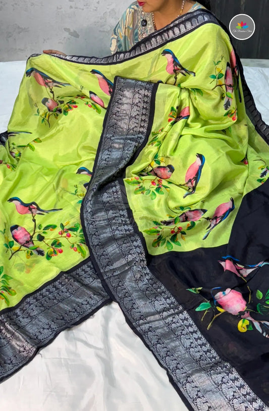 Premium Mangalagiri Pattu With Big Border - Parrot Green