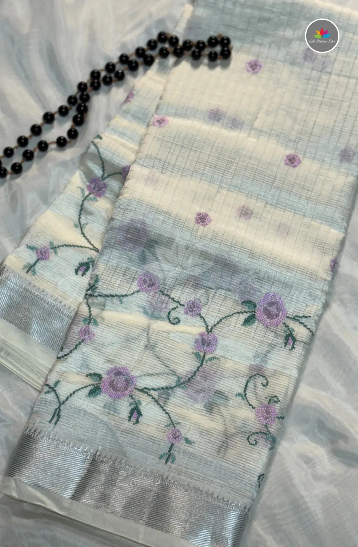 Premium Mangalagiri Pattu With Petti Work - Off White with Lavender