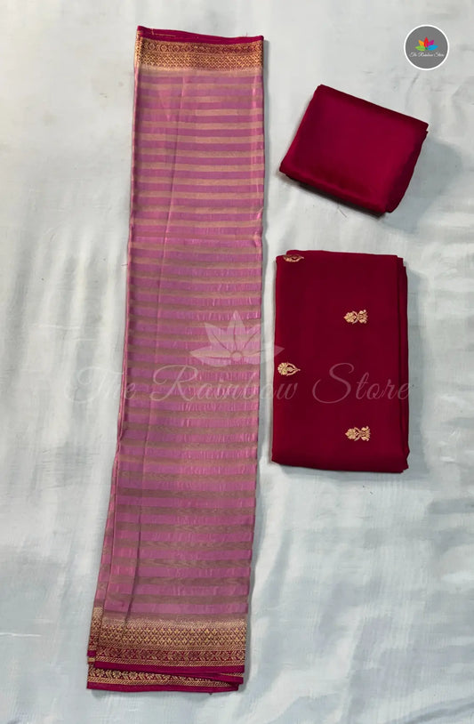 Pure Satin Mushru Dress Material (3 Piece Set ) - Pink