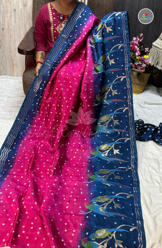 Dual-Tone Paper Silk Saree - Rani Pink & Dark Blue