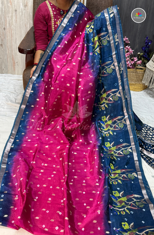 Dual-Tone Paper Silk Saree - Rani Pink & Navy Blue