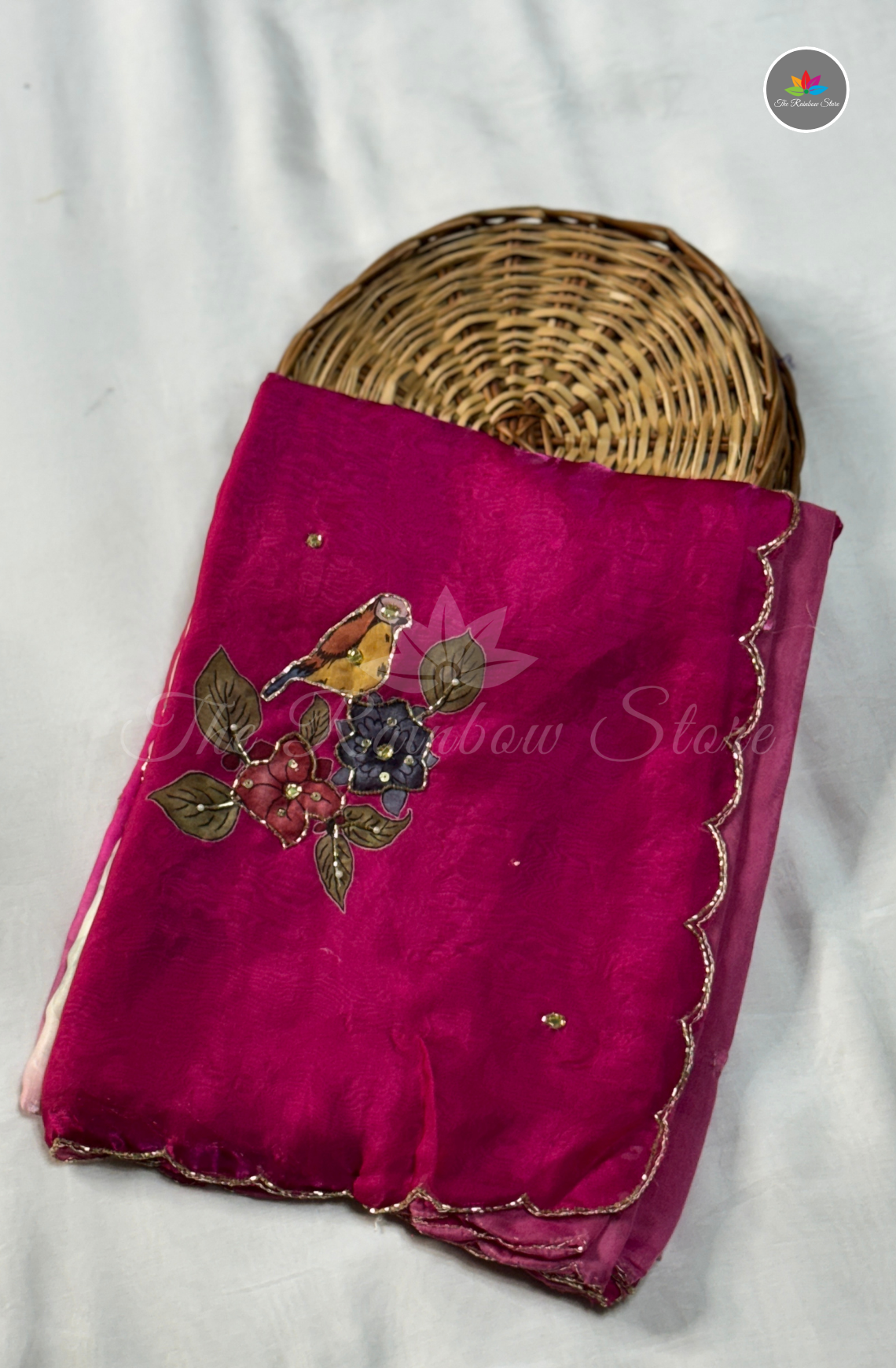Velvet Silk Saree - Rani Pink & Pearl Ivory White