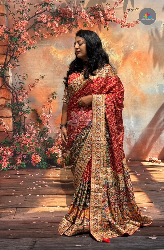 Premium Chinon Embroidery Saree - Rich Red