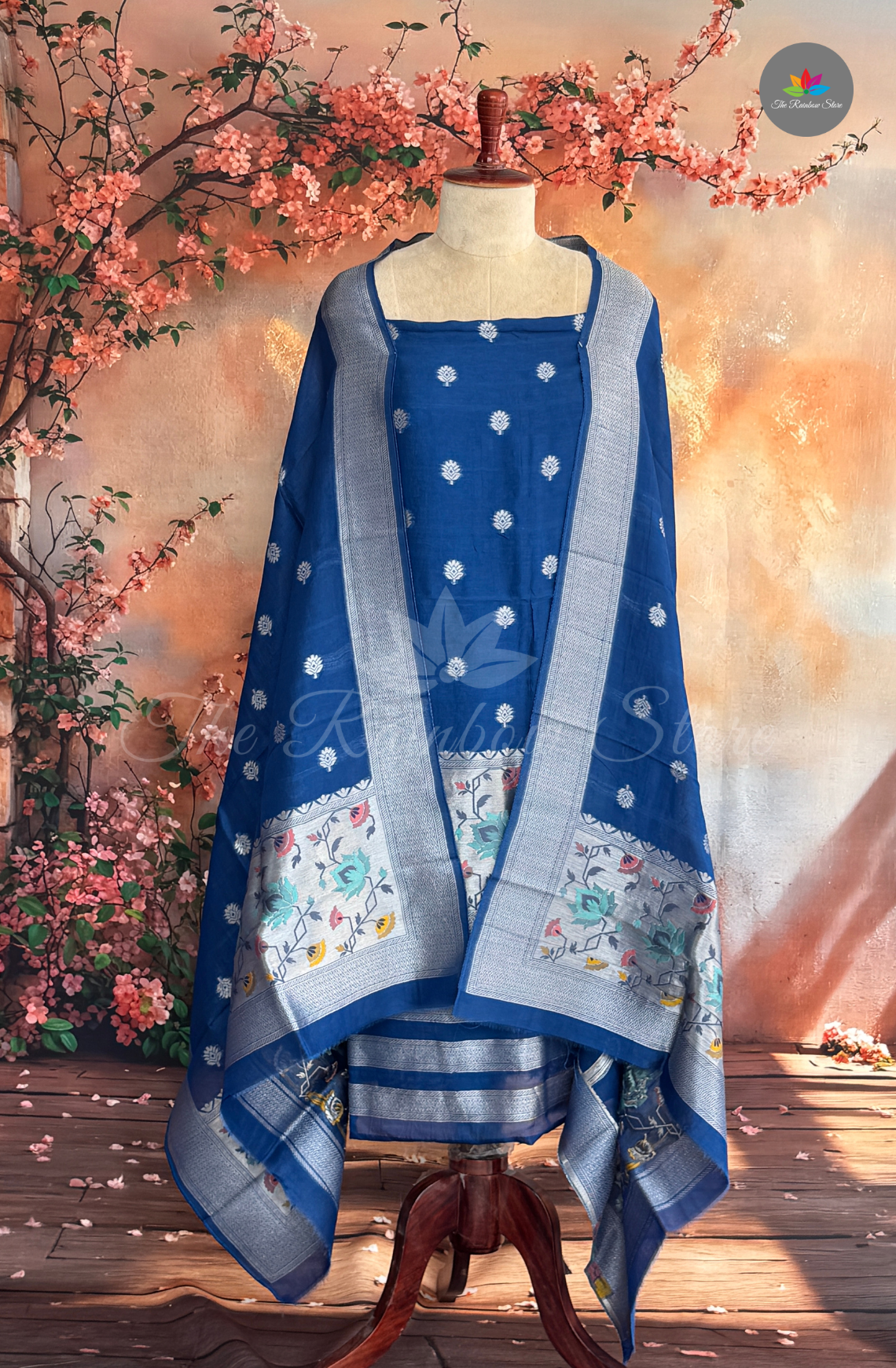 Pure Tusser 3 Piece Salwar Material Set (Unstitched) - Royal Blue with Silver
