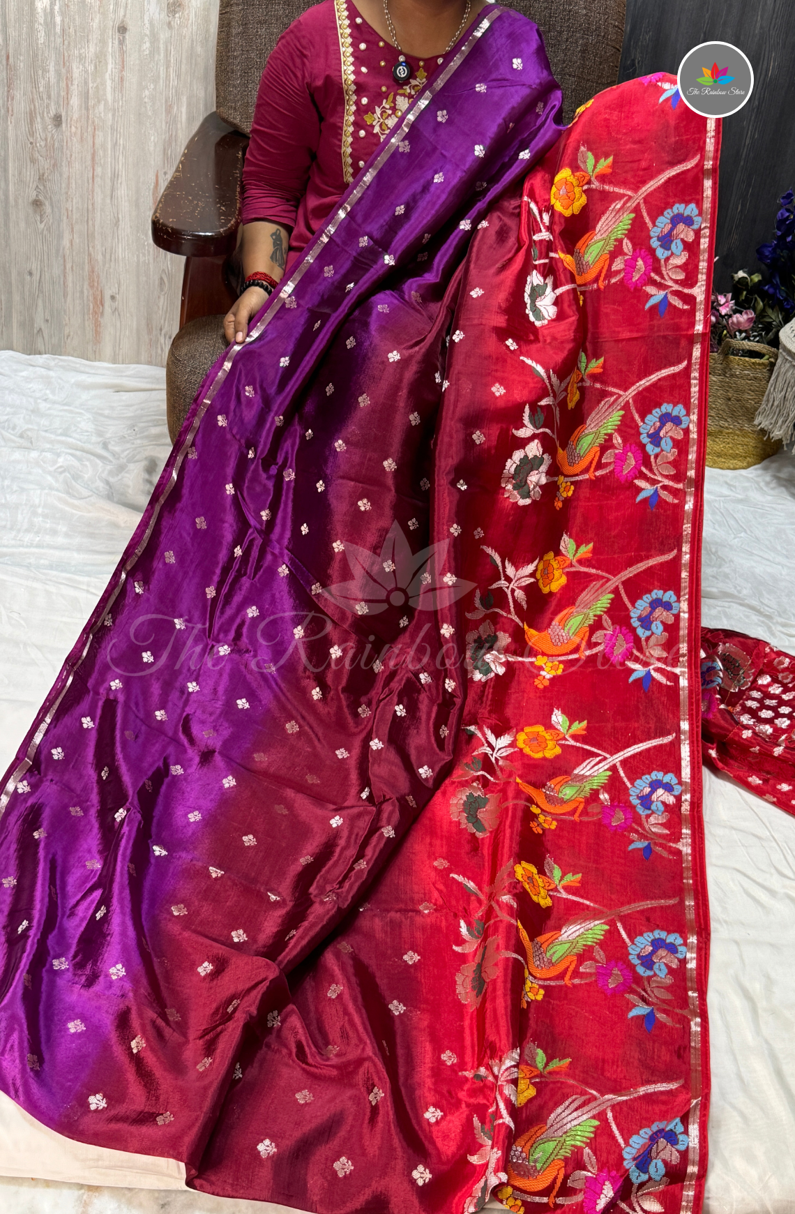 Dual-Tone Paper Silk Saree - Royal Purple & Ruby Red