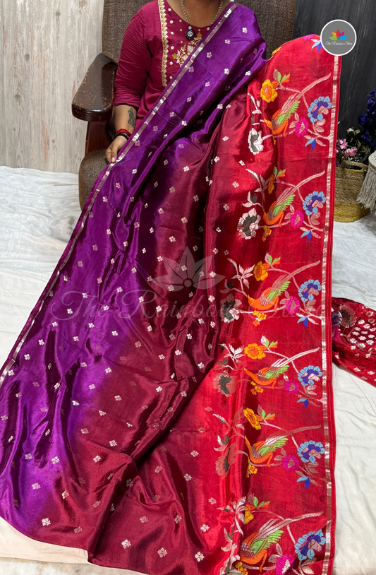 Dual-Tone Paper Silk Saree - Royal Purple & Ruby Red