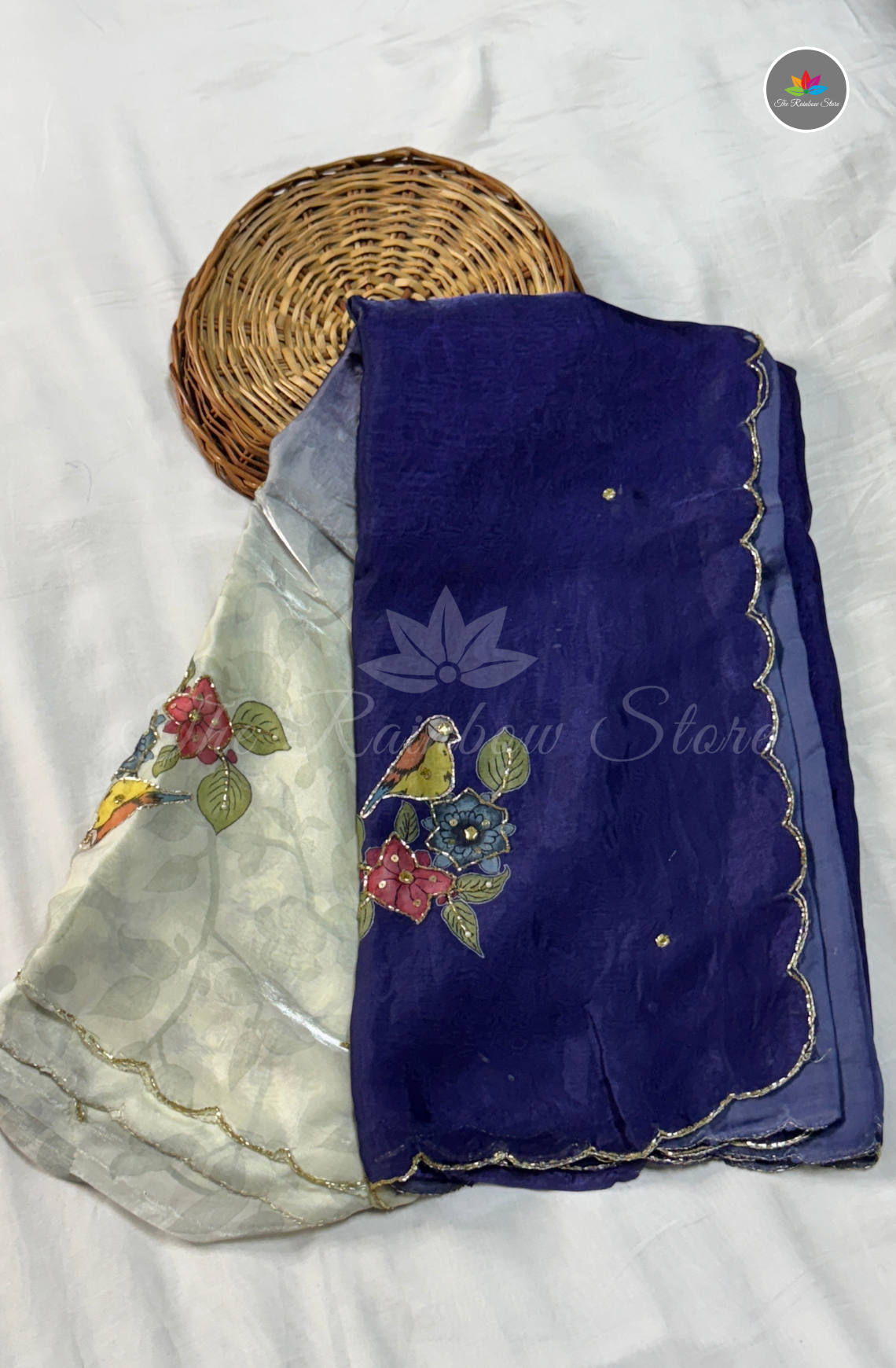 Velvet Silk Saree - Royal Blue & Pearl Ivory White