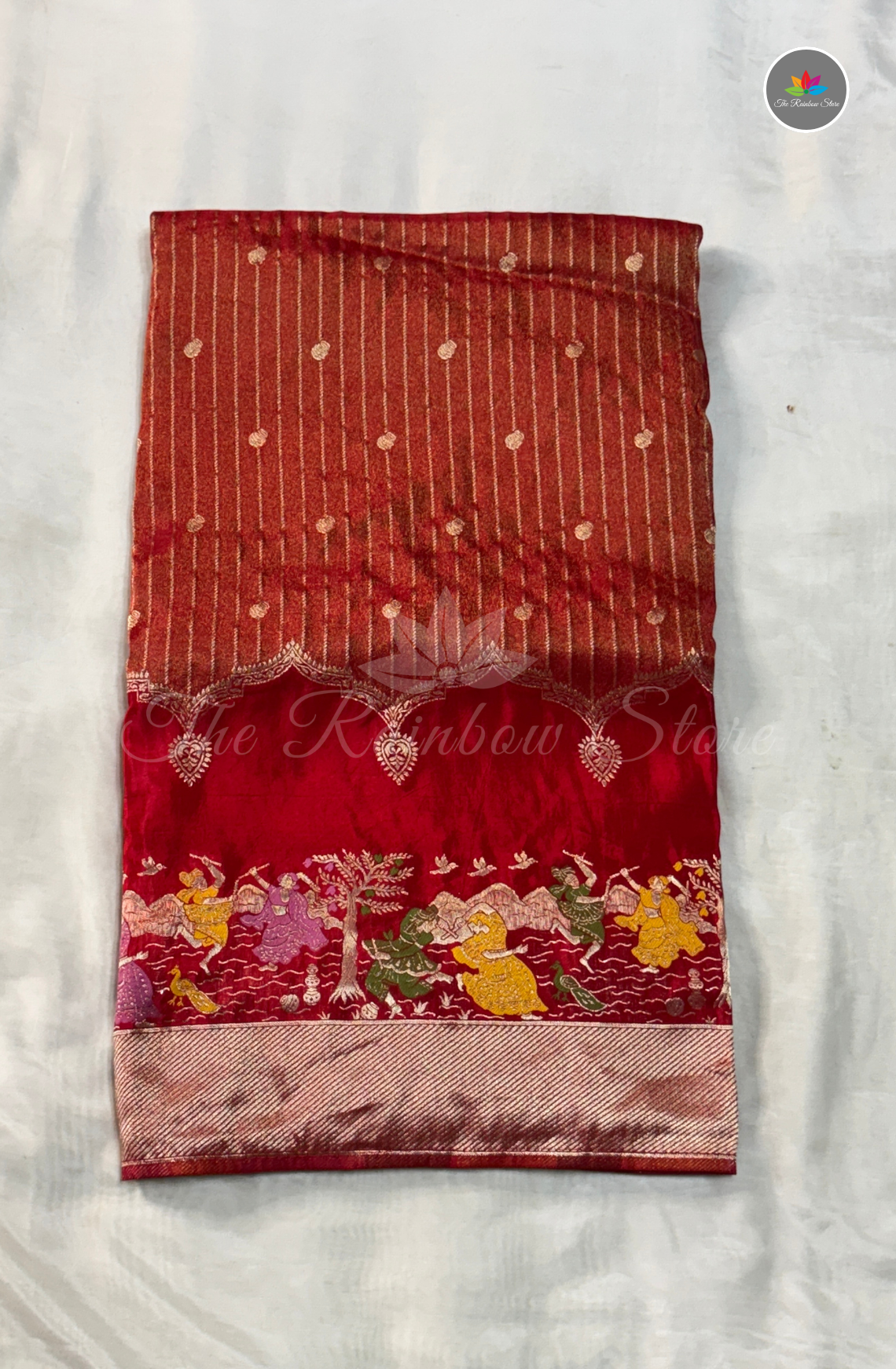 Imported Satin Tissue Mushru Saree - Ruby Red & Rose Gold