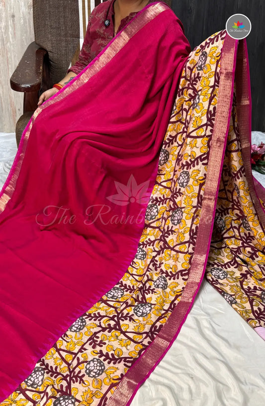 Ruby Silk Saree with Floral Printed Border - Ruby Pink
