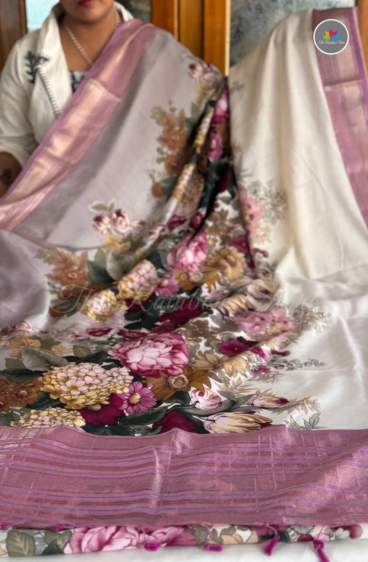 Elegant Ruby Silk with Florals - Off White