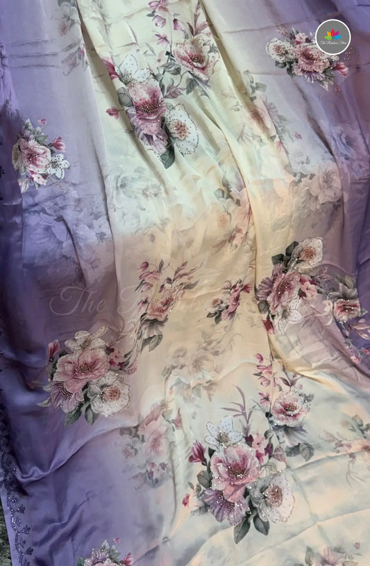 Satin Crepe Saree with Jarkhans - Half White & Lavender