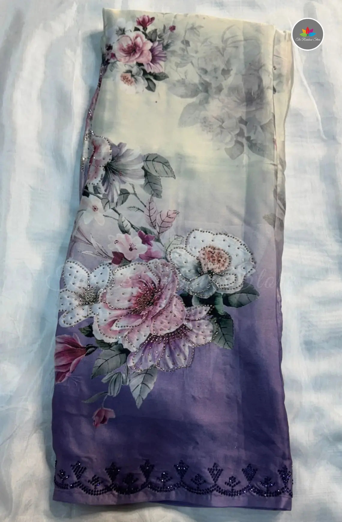 Satin Crepe Saree with Jarkhans - Half White & Lavender