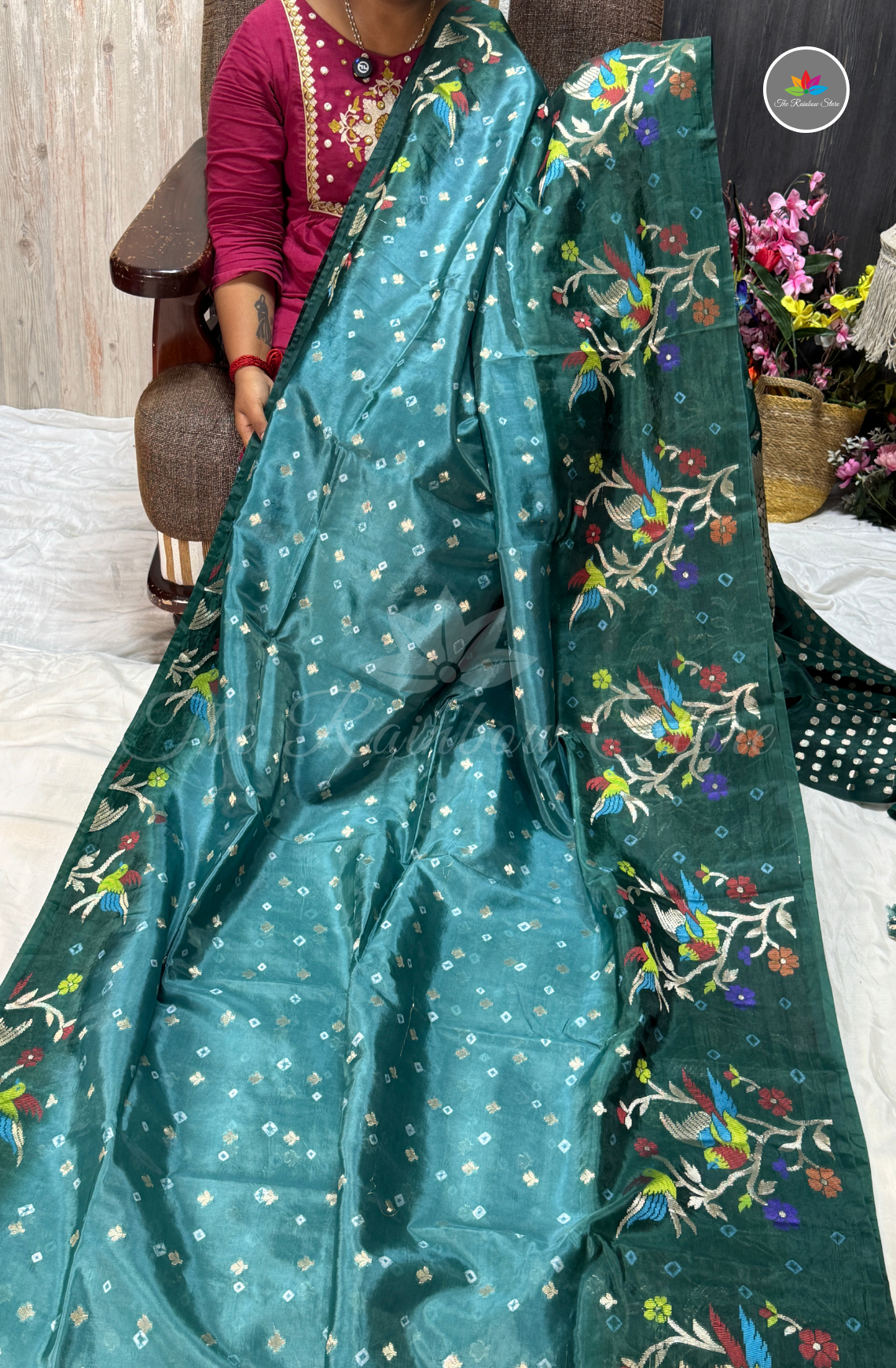 Dual-Tone Paper Silk Saree - Sea Green & Bottle Green