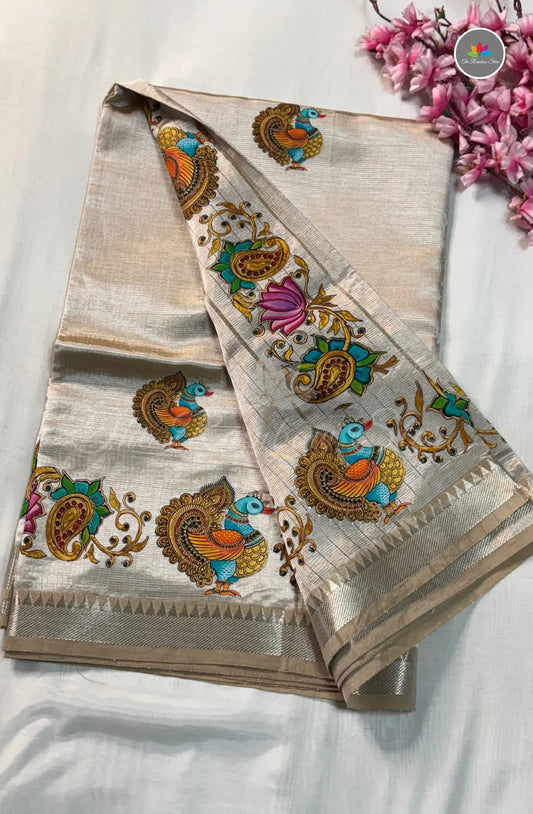 Pure Mangalagiri Pattu with Tanjore Paints - Ivory