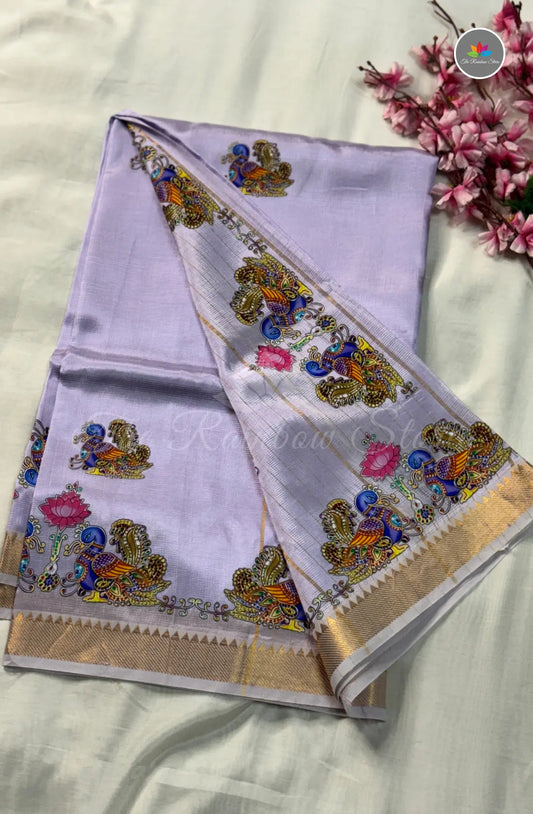 Pure Mangalagiri Pattu with Tanjore Paints - Lavender Blush