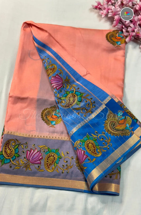 Pure Mangalagiri Pattu with Tanjore Paints - Peach