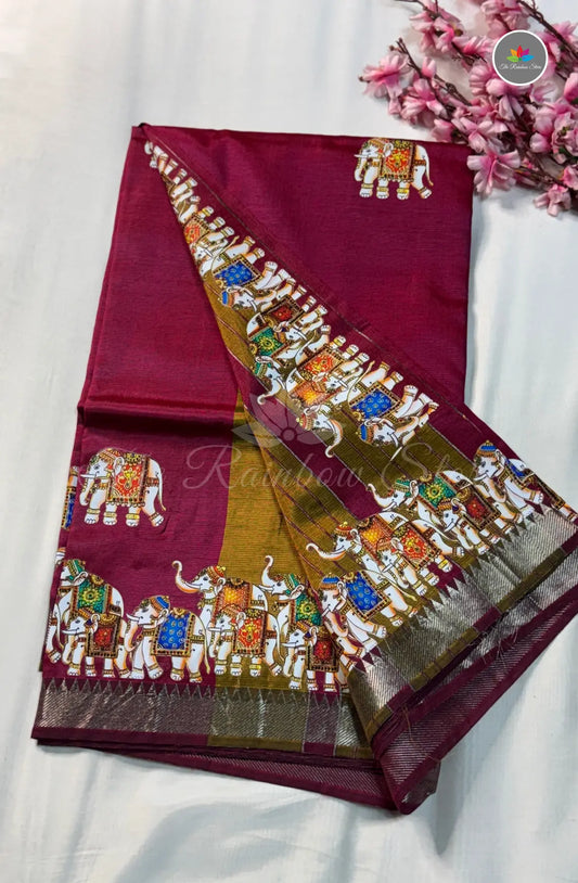 Pure Mangalagiri Pattu with Tanjore Paints - Maroon