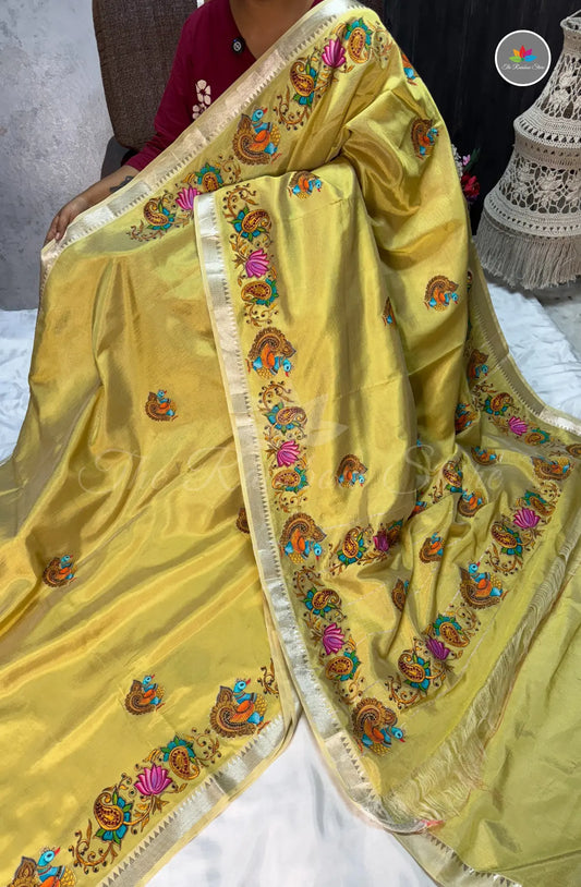 Pure Mangalagiri Pattu with Tanjore Paints - Pale Yellow