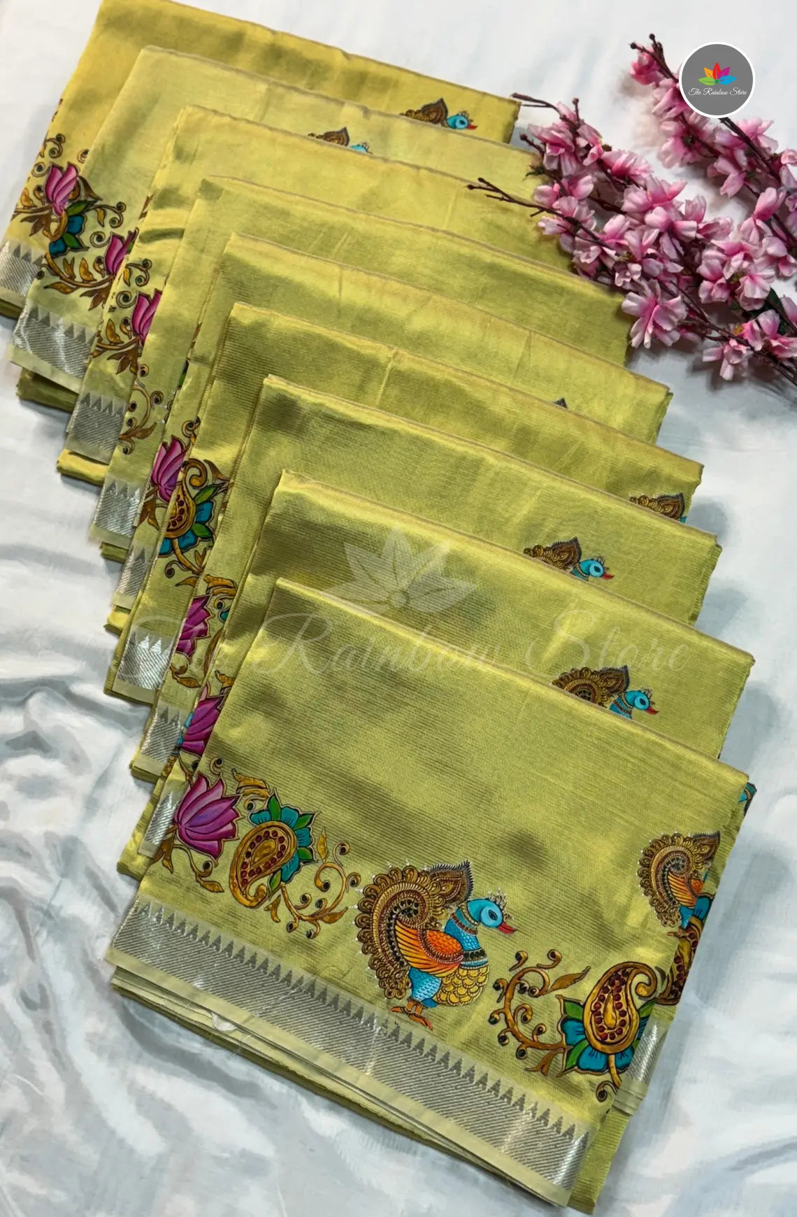 Pure Mangalagiri Pattu with Tanjore Paints - Pale Yellow