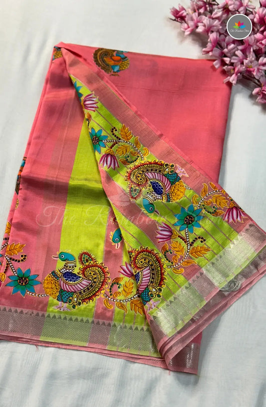 Pure Mangalagiri Pattu with Tanjore Paints - Lotus Pink